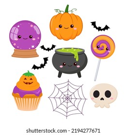 Cute Halloween Element Collection Clipart. Flat Vector Cartoon Design
