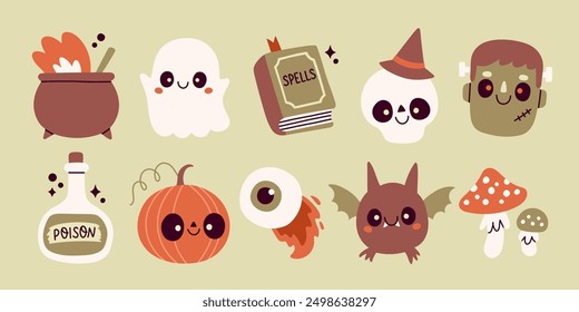 Cute Halloween element set. Ghost, skeleton, bat, pumpkin. For scrapbooking, greeting card, party invitation, poster