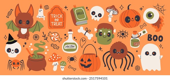 Conjunto de elementos bonito de Halloween. Fantasma, esqueleto, morcego, abóbora. Para scrapbooking, cartão de saudação, convite da festa, cartaz