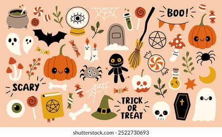 Cute Halloween element set isolated. Ghost, skeleton, bat, pumpkin and spider. For scrapbooking, card, sticker, poster