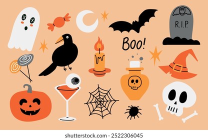 Cute Halloween element set on beige background. Ghost, candle, spider, raven, bat, pumpkin, skeleton. For scrapbooking, sticker, card, poster.