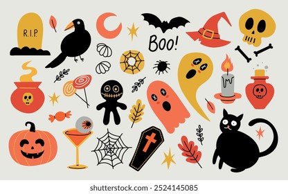 Lindo elemento de Halloween sobre fondo gris. Fantasma, vela, araña, cuervo, murciélago, calabaza, esqueleto. Para scrapbooking, pegatina, tarjeta, cartel.