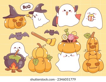 Cute halloween elements doodle collection with ghost,pumpkin, vampire, witch