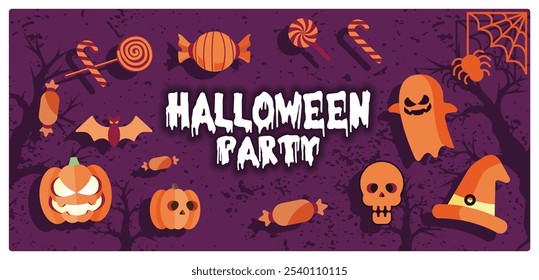 Cute Halloween elements. Flying ghosts, pumpkins, spiders, bats, candy and witch hats. Halloween concept. Flat vector illustration.