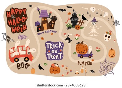 Cute Halloween elements and lettering set. Ready vector happy pumpkin, truck, creepy ghost in bus, skeleton, haunted house, gravestone. October holiday stickers, symbols bundle. Isolated illustrations