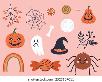 cute halloween elements set with moon, ghost, pumpkin , rainbow, hat, candy, spider, web, bone and branches, halloween cozy elements