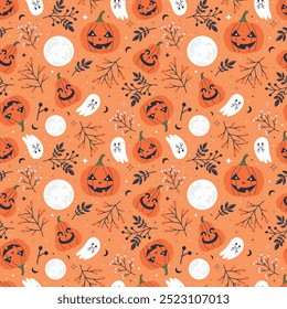 cute halloween elements set with moon, ghost, pumpkin , rainbow, hat, candy, spider, web, bone and branches, halloween cozy elements