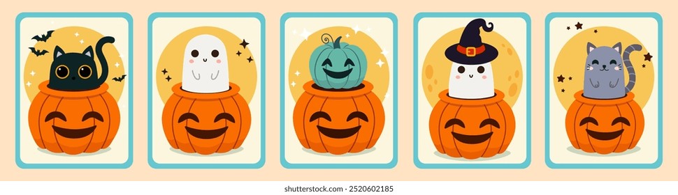 Cute Halloween elements. Set of postcards. Set of posters. Vector illustration in flat style