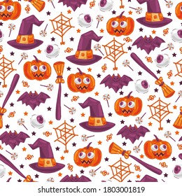 Cute Halloween elements vector cartoon seamless pattern on white background for wallpaper, wrapping, packing, and backdrop.