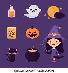 Cute witch and halloween equipment vector set. Halloween cartoon vector characters. Ghost and witches, pumpkin and cat icons.
