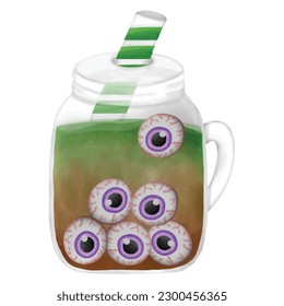 Cute Halloween eyeball Coffee-tea Watercolor Vector File , Clipart cartoon vintage-Retro style