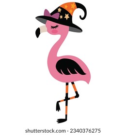 Cute Halloween flamingo witch vector cartoon illustration