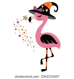 Cute Halloween flamingo witch vector cartoon illustration