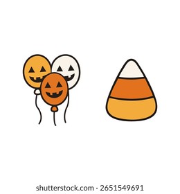 Ícone plano bonito de Halloween com balão sorridente e milho doce, perfeito para decoração de festas infantis, clipart sazonal, projetos de truques ou doces e materiais imprimíveis
