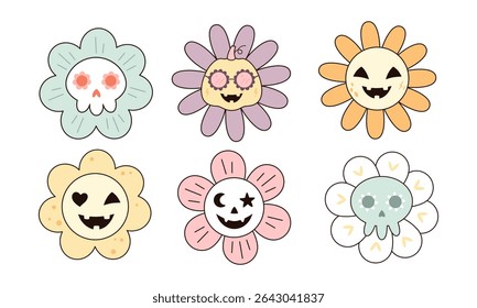 Cute Halloween flowers clipart set. Spooky seasonal floral characters, Happy Halloween hand drawn vector illustration in cartoon flat style
