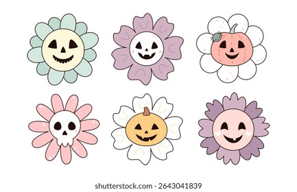 Cute Halloween flowers clipart set. Spooky seasonal floral characters, Happy Halloween hand drawn vector illustration in cartoon flat style