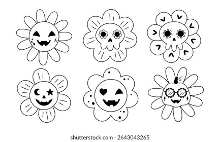 Cute Halloween flowers isolated black and white clipart set. Spooky seasonal floral characters, Happy Halloween doodle, hand drawn vector illustration in flat style