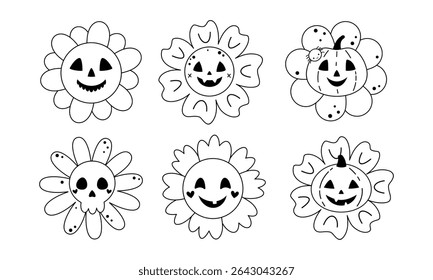 Cute Halloween flowers isolated black and white clipart set. Spooky seasonal floral characters, Happy Halloween doodle, hand drawn vector illustration in flat style