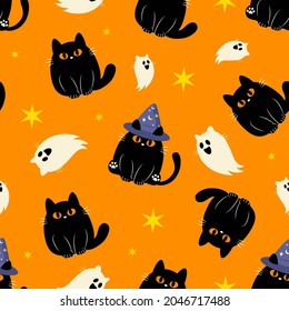 Cute Halloween fluffy black cat seamless pattern background vector design