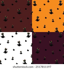 Cute Halloween fluffy black cat seamless pattern background vector design. Vintage spooky cats and Halloween pumpkins seamless vector pattern on purple background.