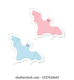 Cute Halloween Flying Bat Stickers flat style isolated on white. Pink Blue color Cartoon character. For kids card, applique, nursery print. Paper Cut symbol of Halloween. Printable Vector illustration