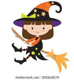 Cute Halloween flying witch  girl vector cartoon illustration