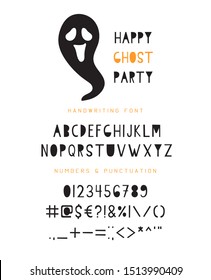 Cute Halloween Font. Childish Black Alphabet With Uppercase Letters, Numbers And Punctuation Isolated On The White Background. Creative Typography Letters With Different Size. Kids Type Vector Design.