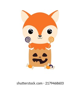 Cute Halloween fox sitting in a trick or treat bag with candies. Cartoon animal character for kids t-shirts, nursery decoration, baby shower, greeting card, invitation. Vector stock illustration