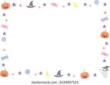 Cute halloween frame. Pumpkin, star, candy, ghost. Vector illustration.