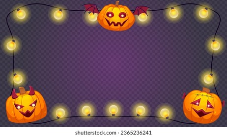 Cute Halloween frame with pumpkins and lights bulbs. Element in cartoon style for designs. Colorful vector Illustration isolated.