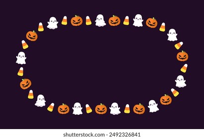 Cute Halloween frame template. Oval Halloween border design with cartoon ghost, jack o lantern, pumpkins, candy corn. Social media banner vector illustration