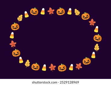 Modelo de quadro bonito de Halloween. Projeto de borda de Halloween oval com jack o lanterna, abóboras, milho doce. Ilustração de vetor de banner de mídia social