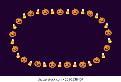 Modelo de quadro bonito de Halloween. Projeto de borda de Halloween oval com jack o lanterna, abóboras, milho doce. Ilustração de vetor de banner de mídia social