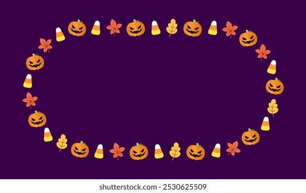 Modelo de quadro bonito de Halloween. Projeto de borda de Halloween oval com jack o lanterna, abóboras, milho doce. Ilustração de vetor de banner de mídia social