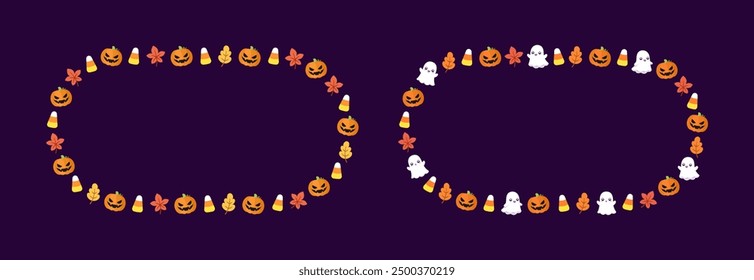 Cute Halloween frame template set. Oval Halloween border design with cartoon ghost, jack o lantern, pumpkins, candy corn. Social media banner vector illustration