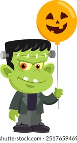 Nette Halloween grüne Monster Cartoon-Figur, die einen Totenkopf Gesicht Ballon. Vektorgrafik, flaches Design einzeln auf transparentem Hintergrund