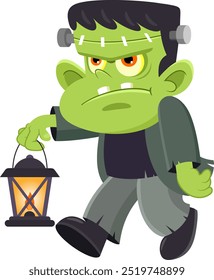 Cute Halloween Frankenstein Cartoon Character Holding A Lit Lantern. Vector Illustration Flat Design Isolated On Transparent Background