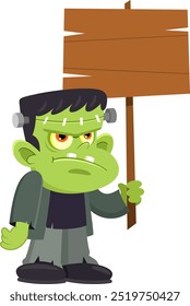 Cute Halloween Frankenstein Cartoon Character Holding A Wooden Blank Sign. Vector Illustration Flat Design Isolated On Transparent Background