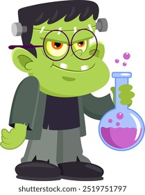 Bonito Halloween Green Monster Cartoon Personagem Segurando O Frasco Com Fluido Dentro. Design Plano De Ilustração De Vetor Isolado Em Plano De Fundo Transparente