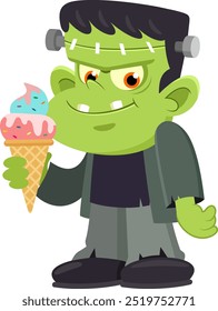 Cute Halloween Frankenstein Cartoon Character Holding An Ice Cream. Vector Illustration Flat Design Isolated On Transparent Background