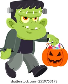 Cute Halloween Frankenstein Cartoon Character Running With Pumpkin Candy Basket. Vector Illustration Flat Design Isolated On Transparent Background