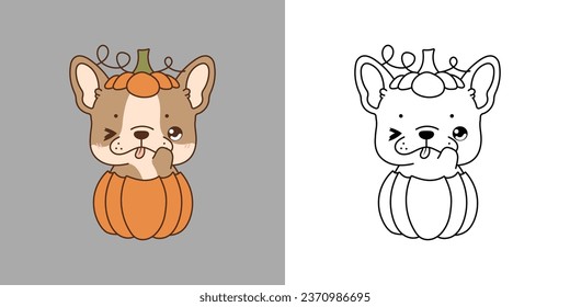Cute Halloween French Bulldog Dog Clipart Illustration and Black and White. Kawaii Clip Art Halloween Dog. Cute Vector Illustration of a Kawaii Halloween Animal Inside a Pumpkin. 