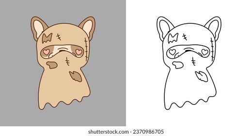 Cute Halloween French Bulldog Dog Illustration and For Coloring Page. Cartoon Clip Art Halloween Dog. Cute Vector Illustration of a Kawaii Halloween Animal in a Ghost Costume. 