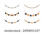 Cute Halloween Garland Bunting Set with Jack O Lantern, Pumpkins and Bats. Simple banner hanging party classy decor vector element.