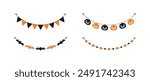 Cute Halloween Garland Bunting Set with Jack O Lantern, Pumpkins and Bats. Simple banner hanging party classy decor vector element.