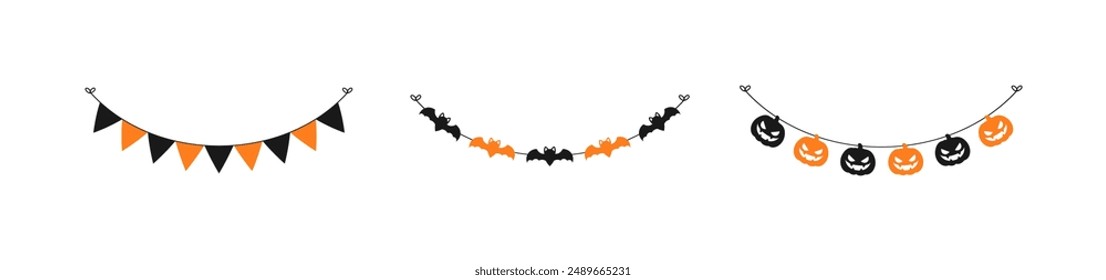 Cute Halloween Garland Bunting Set with Jack O Lantern, Pumpkins and Bats. Simple banner hanging party classy decor vector element.
