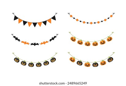 Cute Halloween Garland Bunting Set with Jack O Lantern, Pumpkins and Bats. Simple banner hanging party classy decor vector element.