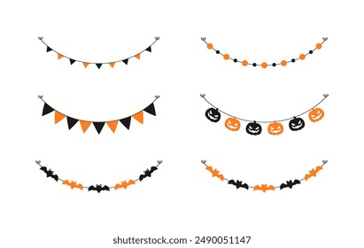 Cute Halloween Garland Bunting Set con Jack O Lantern, calabazas y murciélagos. Simple Anuncio colgante fiesta elegante decoración elemento de Vector.