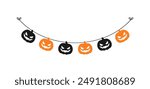 Cute Halloween Garland Bunting Silhouette Set with Jack O Lantern, Pumpkins and Bats. Simple banner hanging party classy decor vector element.