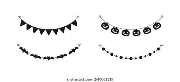 Cute Halloween Garland Bunting Silhouette Set with Jack O Lantern, Pumpkins and Bats. Simple banner hanging party classy decor vector element.